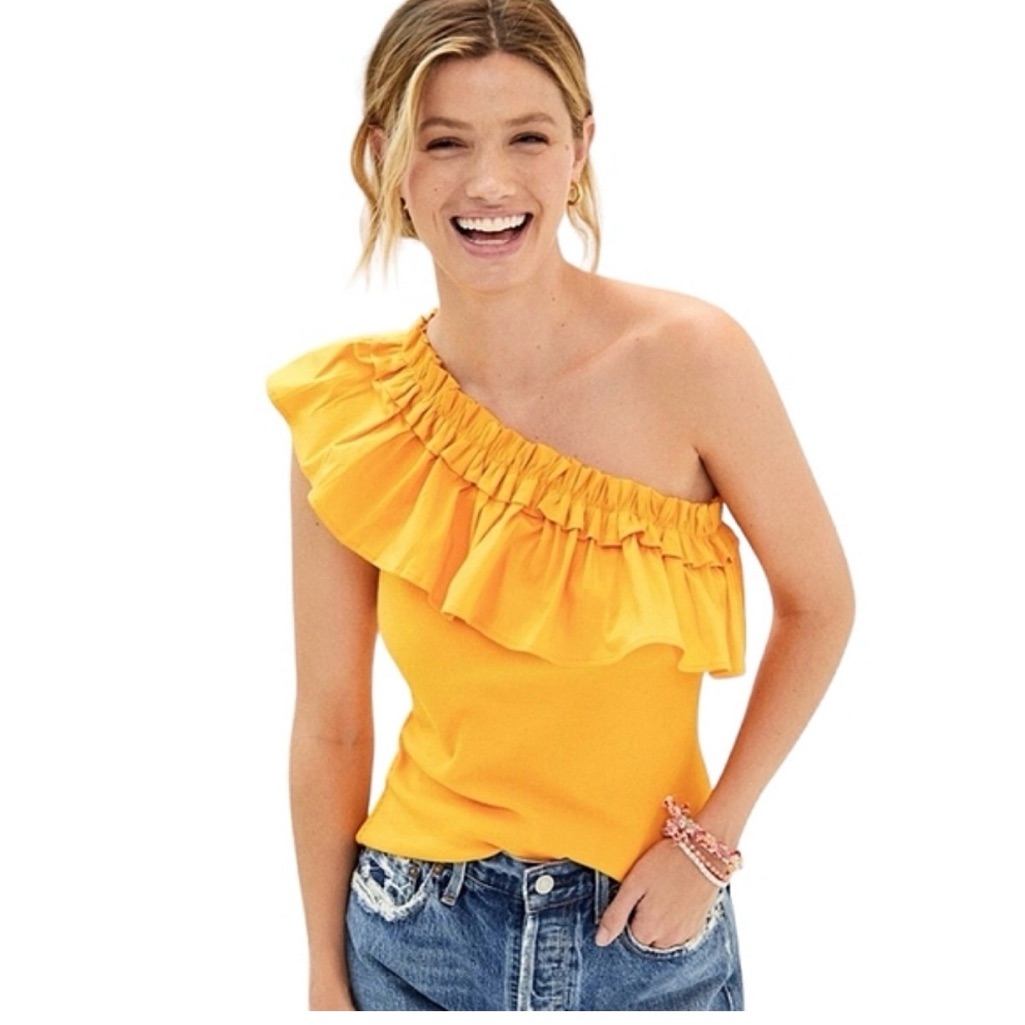 7 For All Mankind One-Shoulder Ruffle Top Yellow